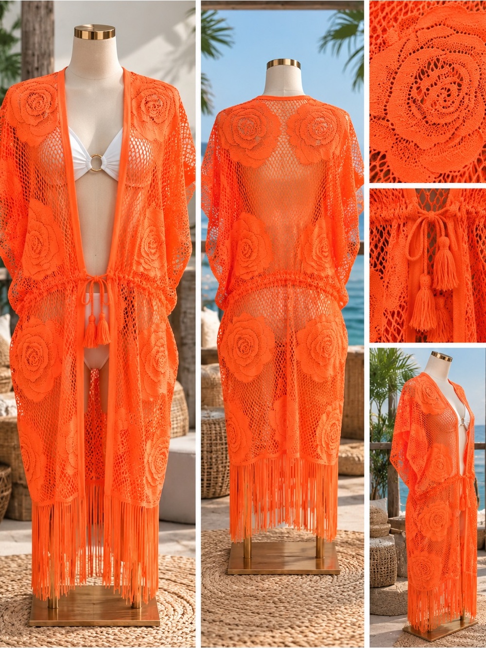 Boho Crochet Fringe Beach Cover-Up Dress - Vibrant Orange